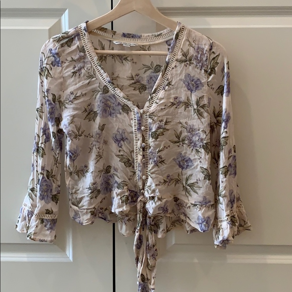 American Eagle Cream Button Up Front Tie Blouse